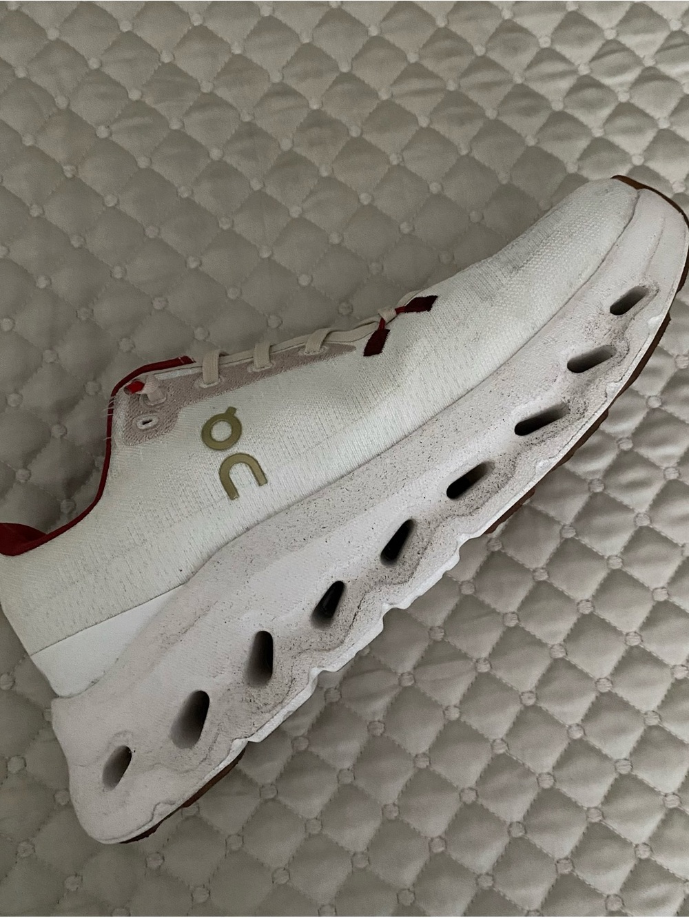 On Running Women’s Cloudrunning Shoe in White with Red Accents